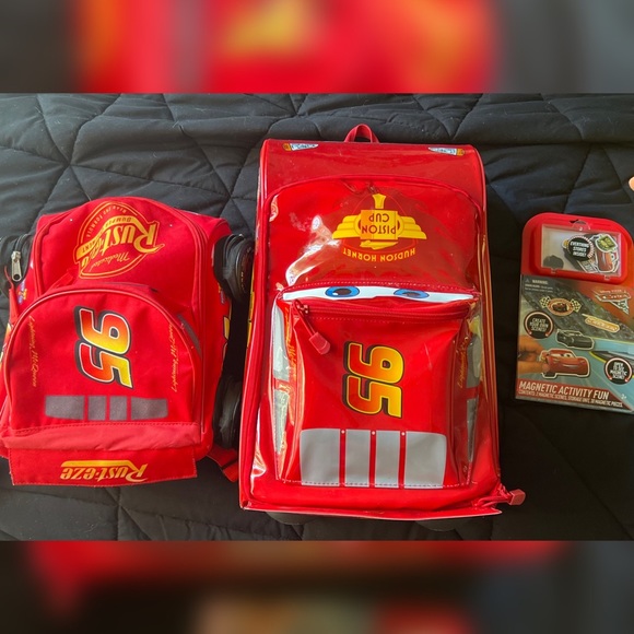 Disney Lightning McQueen Cars suitcase, book bag and travel magnetic playbook